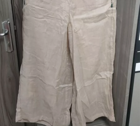 苎麻 杏色 双层阔腿长裤 双侧口袋和腰有刺...