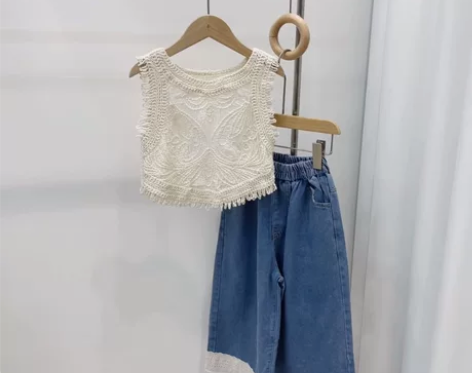 女童夏季钩花背心##amp；amp；牛仔裤...