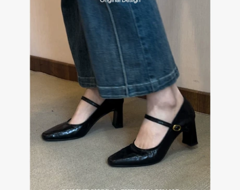 手工纯皮棕色法式粗跟单鞋女春季新款复古风一...