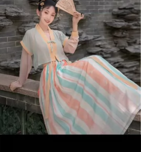 九曲阑珊原创梦蝶唐制褙子短衫齐腰褶裙三件套...