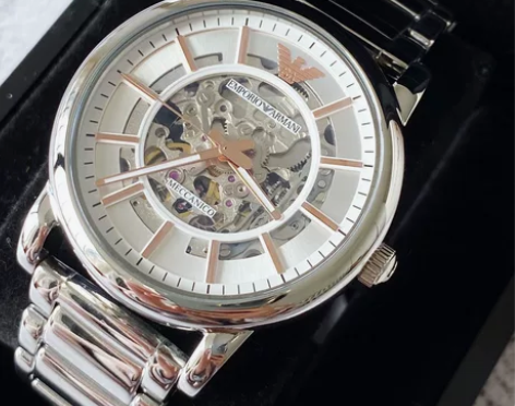 阿玛尼AR1980 银色镂空透视自动机械表...