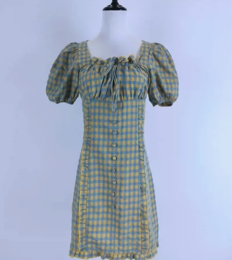 法式桔梗温柔风格子气质方领泡泡袖连衣裙女神...