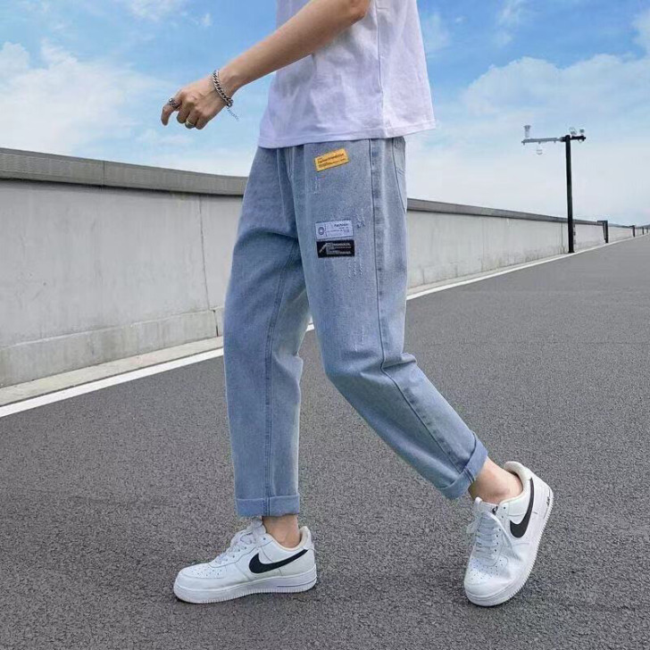 港风裤子男宽松百搭潮流九分直筒牛仔裤男学生...