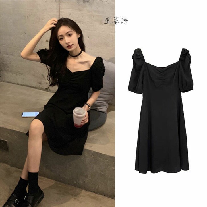 2021新款时尚女装夏季方领连衣裙赫本风小...