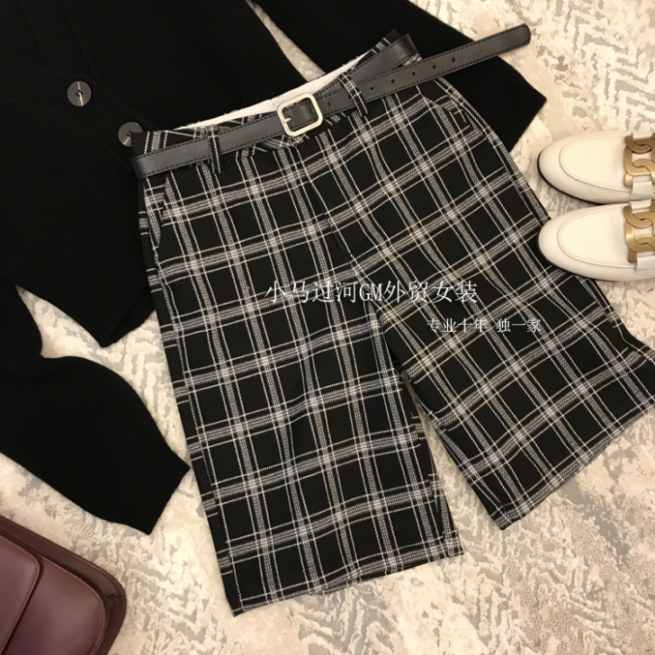 老厂出货～复古格子高腰阔腿五分裤直筒毛呢休...