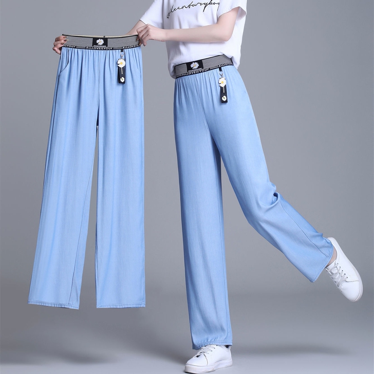夏季天丝牛仔裤女2021新款高腰宽松直筒显...