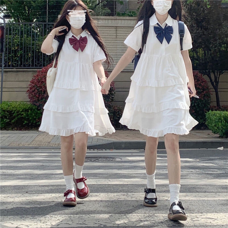 韩版polo领蝴蝶结连衣裙女学生夏季新款短...