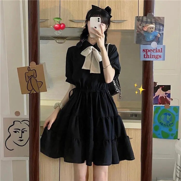 韩版polo领蝴蝶结连衣裙女学生夏季新款短...