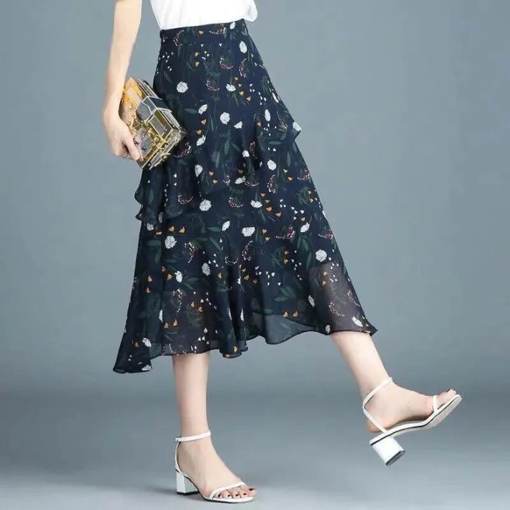 雪纺裙女 春夏中长款2021新款碎花半身裙...