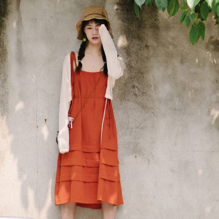 夏季复古无袖连衣裙纯色内搭街拍森系度假裙子...