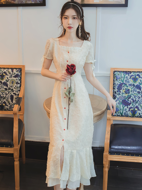 2020新款智熏法式桔梗复古方领连衣裙女夏...