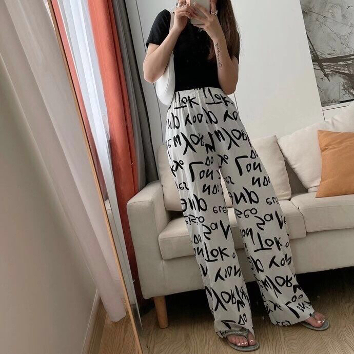 厂家直销字母裤雪纺阔腿裤字母印花涂鸦松紧腰...