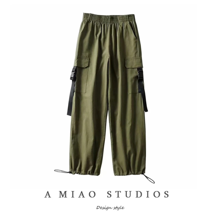 amiaostudio复古松紧腰大口袋工装...