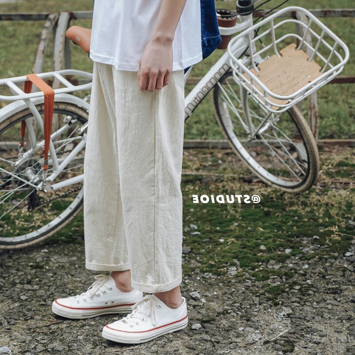 日系复古棉麻九分裤男夏季薄款休闲裤直筒宽松...