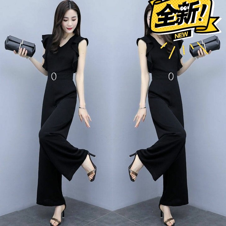 气质无袖阔腿连衣裤女2021新款高腰v领宽...