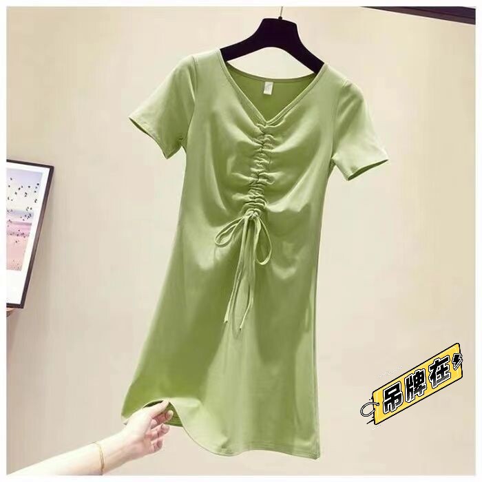 连衣裙女夏季新款韩版修身显瘦学生收腰抽绳中...