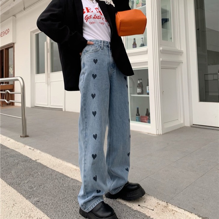 拖地爱心牛仔裤女2021年春季新款复古ch...