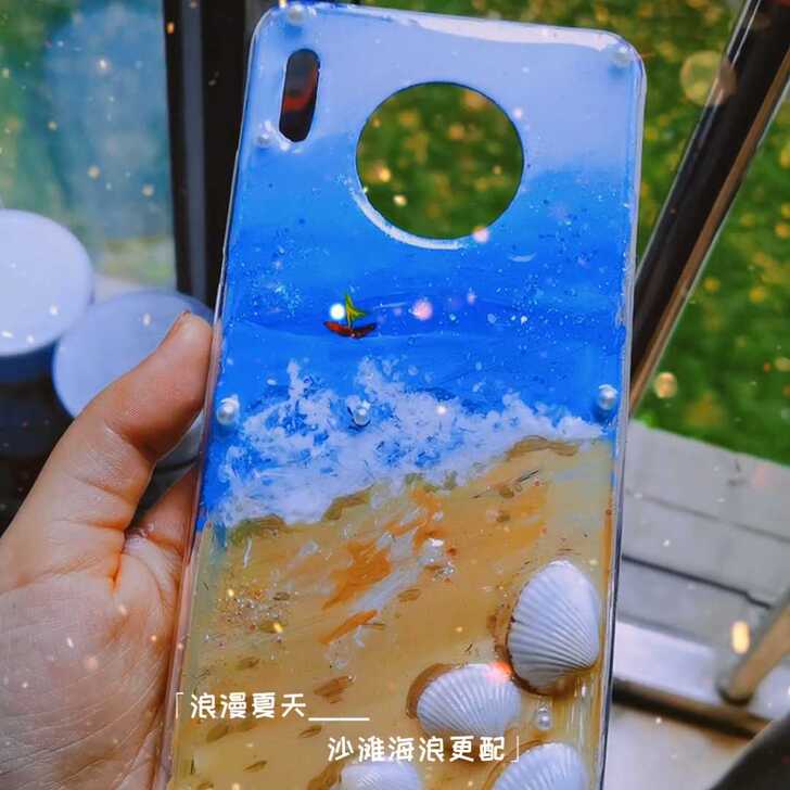 海洋沙滩手绘，贝壳滴胶手绘手机壳，春天系列...