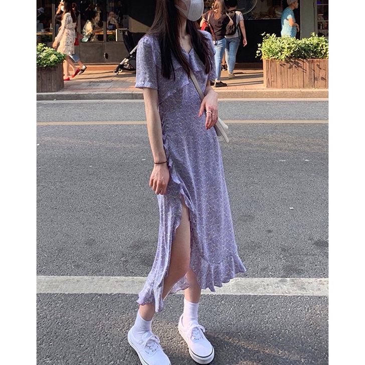 法式复古温柔森系紫色少女雪纺碎花连衣裙显瘦...