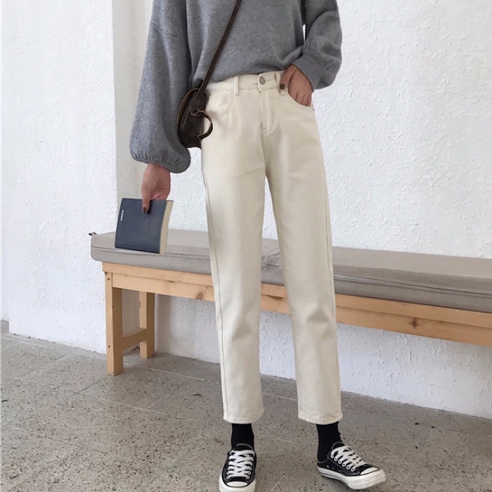 牛仔裤女直筒宽松春装2021年新款白色高腰...