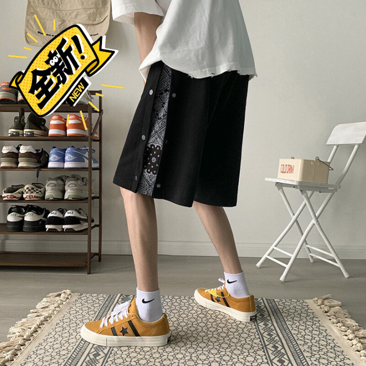 百搭韩风高街宽松直筒排扣五分运动裤