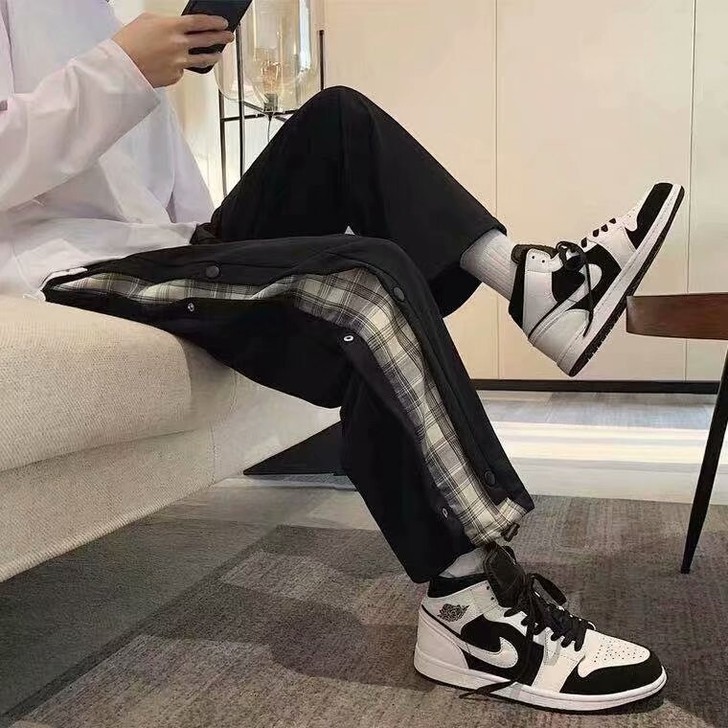 侧边排扣裤子男潮牌宽松束脚休闲卫裤薄款韩版...