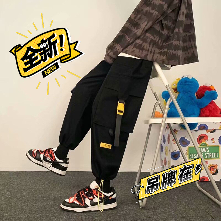工装休闲裤男春季新款港风大口袋直筒束脚裤i...