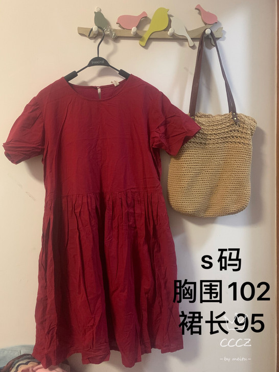 女士夏季酒红色双层棉麻短袖宽松韩版套头连衣...