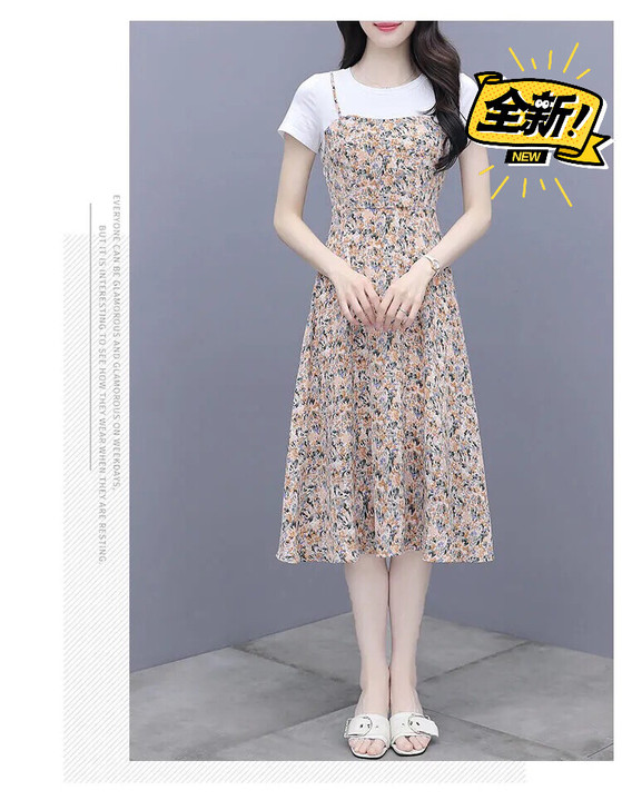 吊带假两件连衣裙女2021夏季新款轻熟风气...