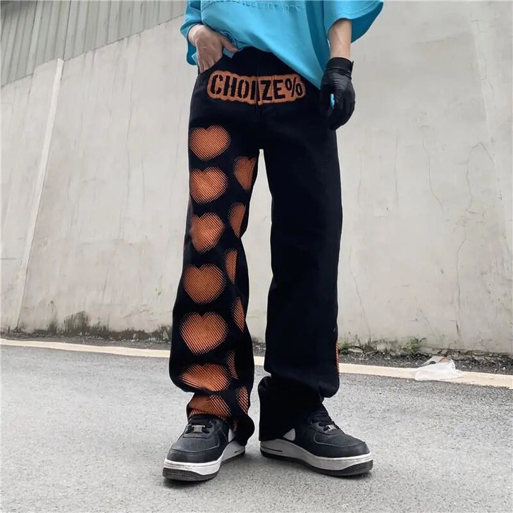 欧美高街hiphop裤子爱心涂鸦牛仔裤男嘻...
