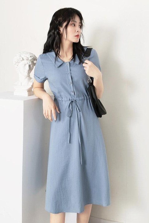 森系初恋连衣裙夏季翻领娃娃领收腰显瘦新款文...