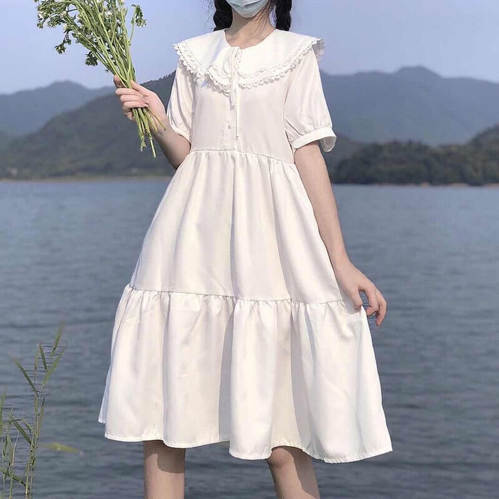 娃娃领短袖裙子女夏季2020新款宽松显瘦中...