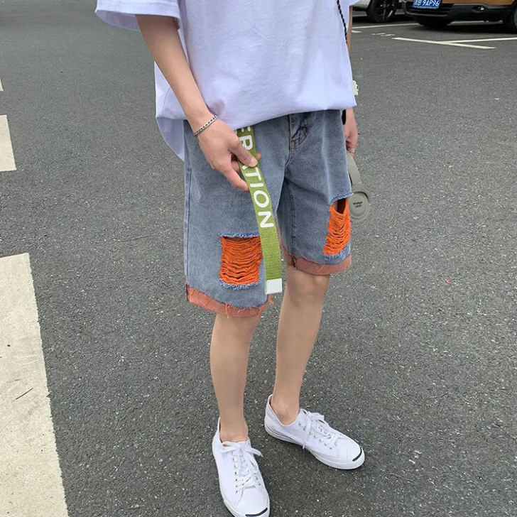 夏季牛仔短裤男潮流宽松直筒休闲破洞裤子潮牌...