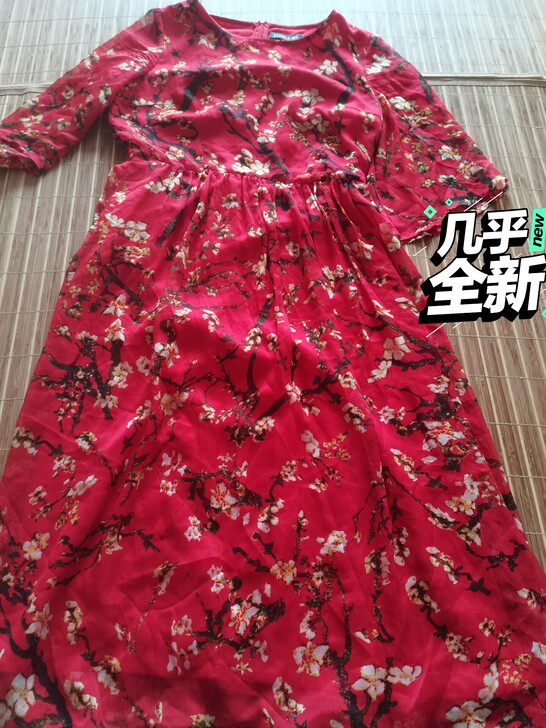 梅花图案红色雪纺连衣裙L码,身高156-1...