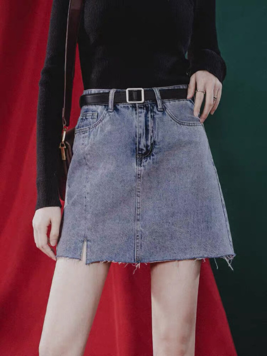 2021简约高腰A字牛仔短裙女21新款防走...