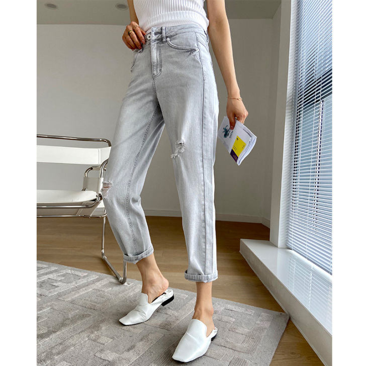 藏肉显瘦 高腰复古弹力做旧破洞直筒牛仔裤休...