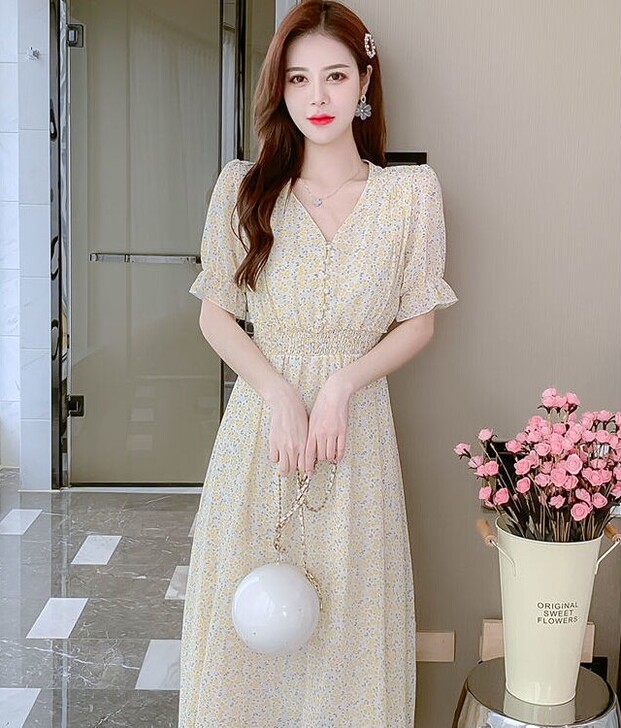 实拍法式森系碎花连衣裙女收腰系带桔梗裙20...