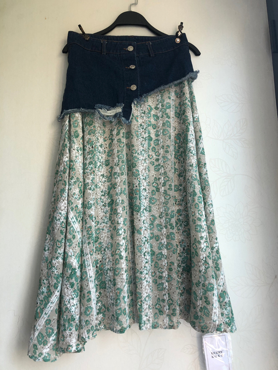 包邮全新有吊牌欧货高腰牛仔拼接雪纺蕾丝短裙...