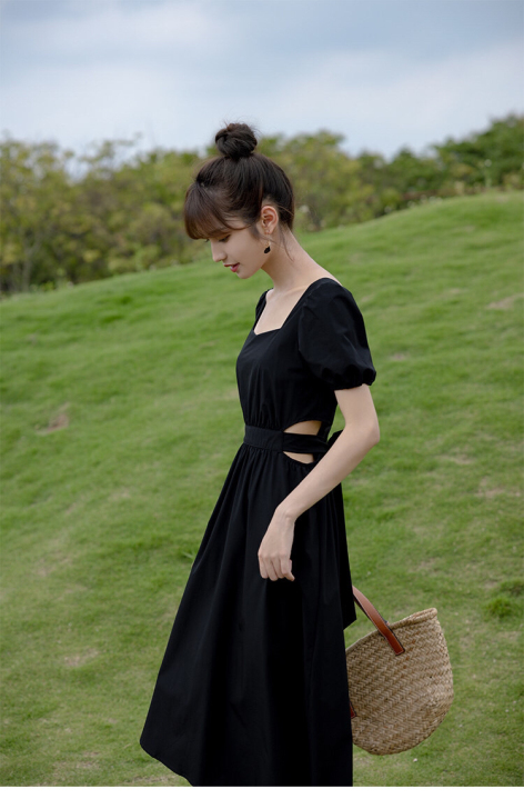 鹿向南 黑色连衣裙女夏法式新款赫本风甜美气...