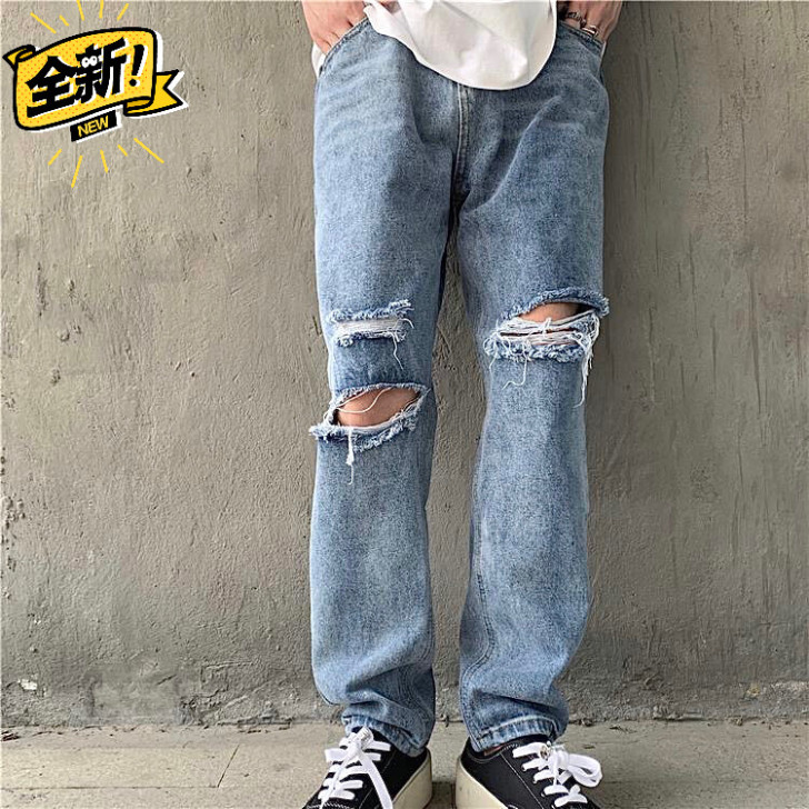韩版ins高街复古老爹破洞牛仔裤夏季男潮流...