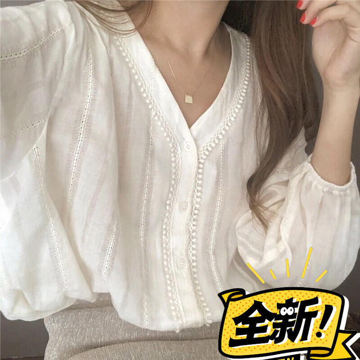 全新 实拍图 纯棉蕾丝泡泡袖衬衫棉麻衬衣 ...