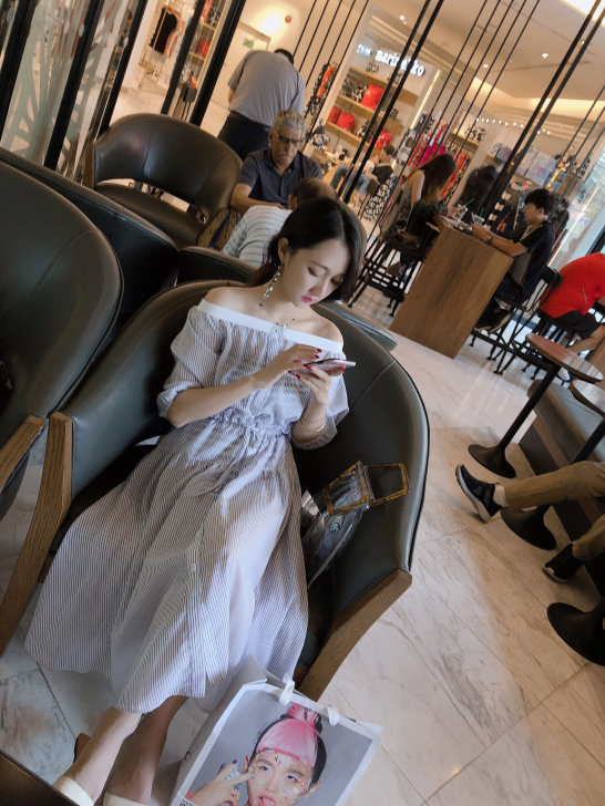 柒柒家 夏新款女裙韩版中长款一字肩条纹收腰...