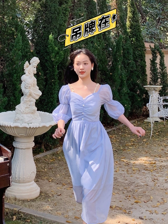 北岛家蓝色春夏款连衣裙温柔仙女超仙森系裙子...