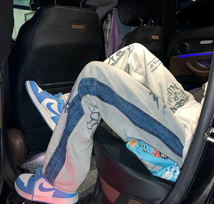 高街夏季牛仔裤子男港风印花宽松直筒长裤街i...