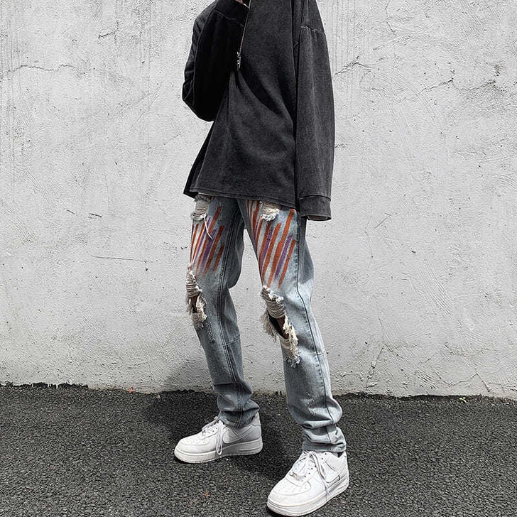 破洞牛仔裤男2021年新款复古修身小脚老爹...
