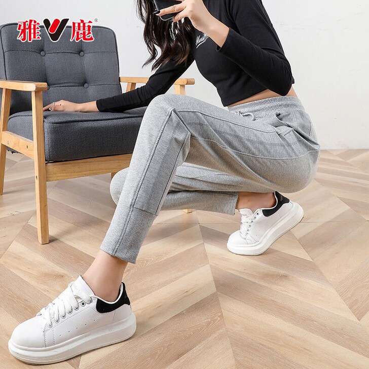 雅鹿灰色运动裤子女夏薄款小脚收口休闲裤宽松...