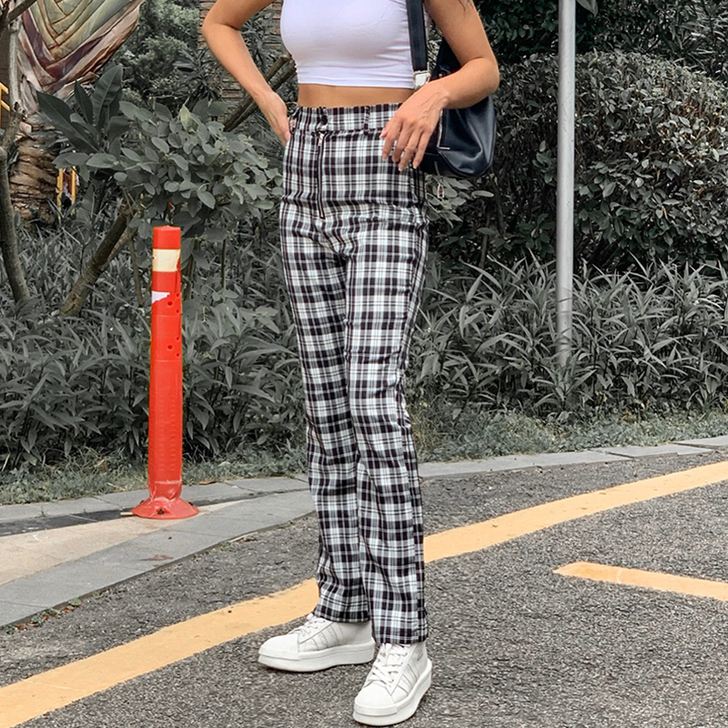 欧美街拍同款黑白格子休闲裤女坠感复古高腰百...