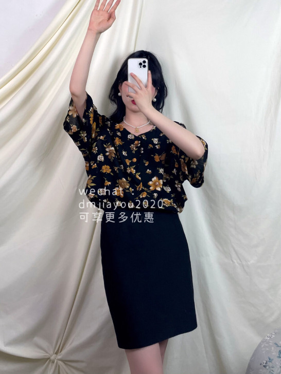 Vintage古着复古日系港风黑色碎花衬衫