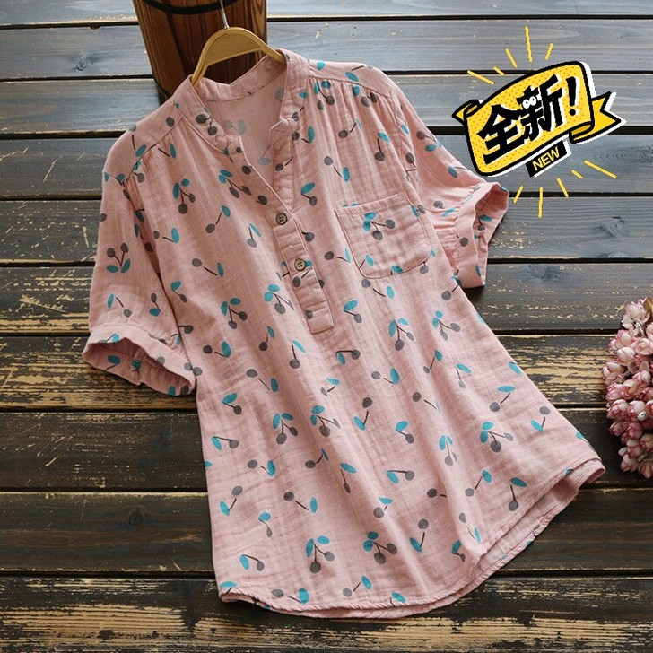 2021新款夏季女装棉纱文艺小清新印花短袖...