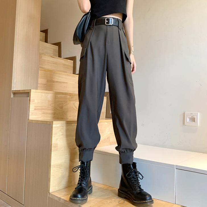 工装裤女显瘦高腰2021新款夏季帅气束脚休...